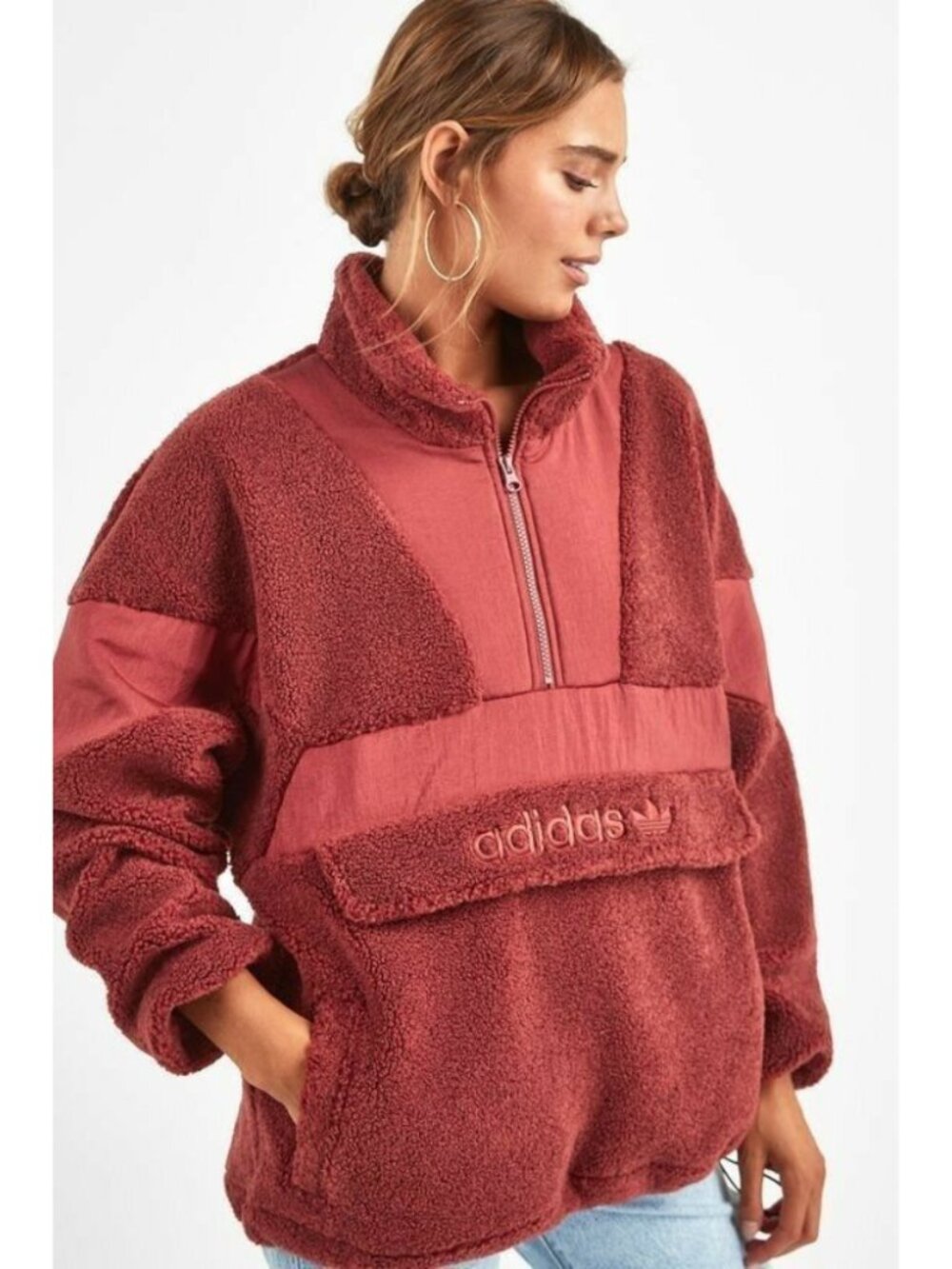 Adidas Sherpa Fleece Hoodie Red Rustic Cabincore Cozy Warm Women's Size M